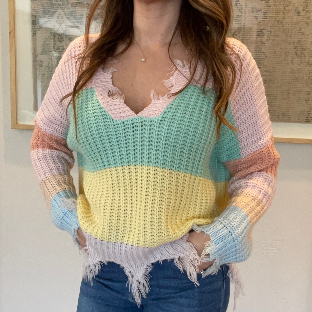 Pastel color block distressed boutique sweater S/M